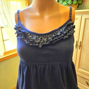 Blue Summer Top, Blue & White Ruffles at Neckline and Hemline, Spaghetti Straps